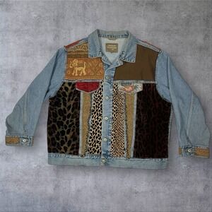 Haggar Clothing Co Denim Upcycled Jacket Womens XL Tapestry Embroidered Leopard